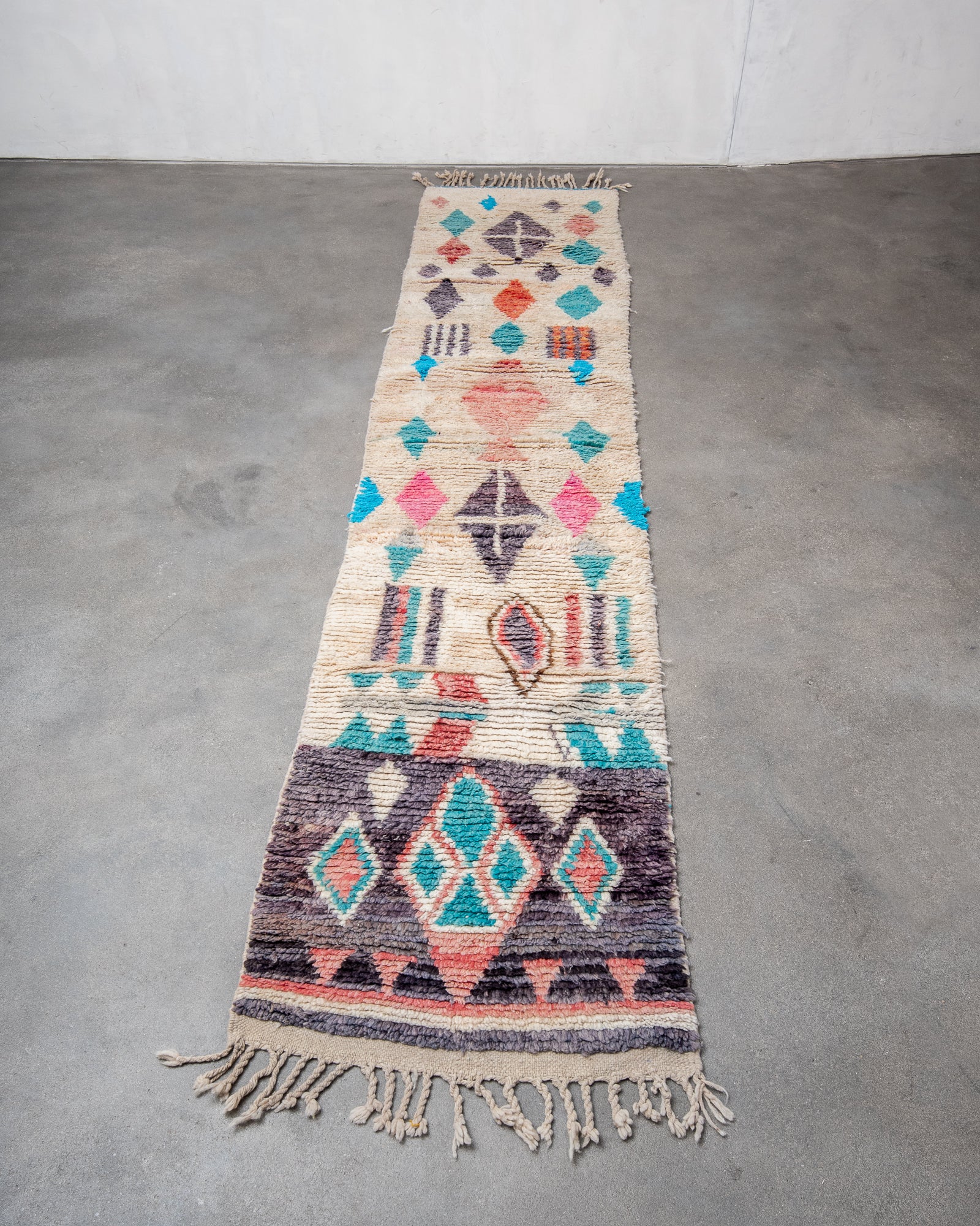 Modern designer handcrafted Berber runner rug from Morocco. Beniourain with beautiful colors and patterns.